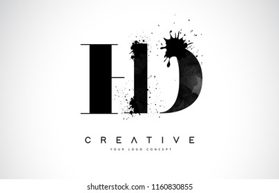 HD H D Letter Logo Design with Black Ink Watercolor Splash Spill Vector Illustration.