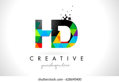 HD H D Letter Logo with Colorful Vivid Triangles Texture Design Vector Illustration.