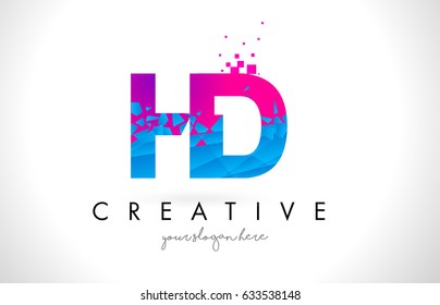 HD H D Letter Logo with Broken Shattered Blue Pink Triangles Texture Design Vector Illustration.