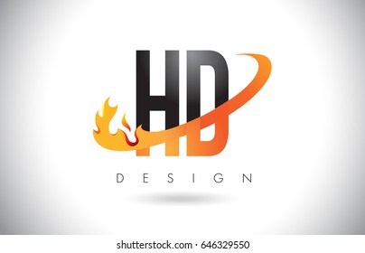 HD H D Letter Logo Design with Fire Flames and Orange Swoosh Vector Illustration.