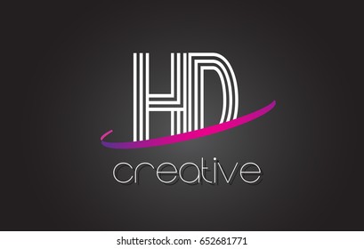 HD H D Letter Logo with Lines Design And Purple Swoosh Vector Letters Illustration.