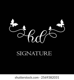 HD handwritten initial letter, HD simple signature vector logo with butterfly shape variation, beauty, photography letter logo design. H D