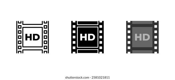 HD icon. High-definition film sign. Movie quality resolution symbol. Digital screen and footage pictogram. Modern media and projection illustration.