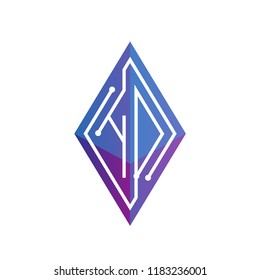 HD Initial letter block chain logo icon vector template. Looping mono line circuit letter on rhombus cube logo