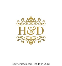 HD initials logo ornament gold. Letter HD wedding ampersand or business partner symbol