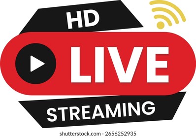Design de banner de transmissão ao vivo em alta definição - ícones e rótulos modernos de transmissão vetorial para conteúdo de vídeo, shows on-line, últimas notícias, webinars e streams de mídia social em tempo real.
