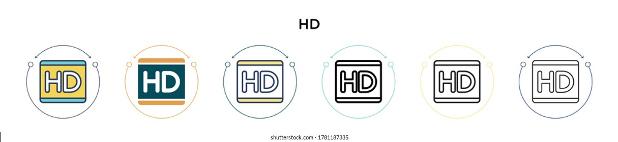 Icono de logotipo Hd en estilo relleno, delgado, contorno y trazo. Ilustración vectorial de dos iconos vectoriales de color y negro de hd se pueden utilizar para móviles, ui, web