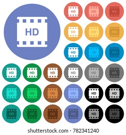 HD movie format multi colored flat icons on round backgrounds. Included white, light and dark icon variations for hover and active status effects, and bonus shades on black backgounds.