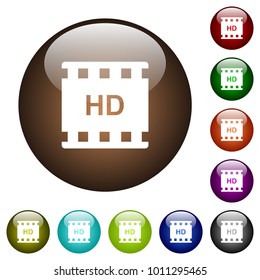 HD movie format white icons on round color glass buttons