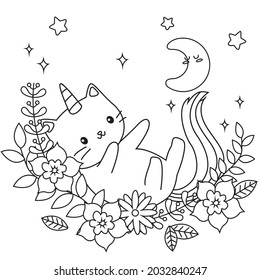 HD printable caticorn and cat unicorn or anime cat coloring pages for children kids and adults. Children coloring pages, caticorn coloring pages, learning for kids. Cat Vector.