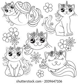 HD printable caticorn and cat unicorn or anime cat coloring pages for children kids and adults. Children coloring pages, caticorn coloring pages, learning for kids. Cat Vector.