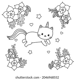 HD druckbare Caticorn- und Katzenfarbseiten für Kinder und Erwachsene. Kinder färben Seiten, Caticorn Farbseiten, Lernen für Kinder. Cat Vector.