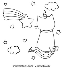 HD printable caticorn and cat unicorn or anime cat coloring pages for children kids and adults. Children coloring pages, caticorn coloring pages, learning for kids. Cat Vector
