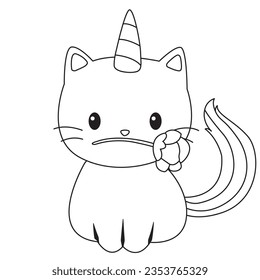 Páginas de color de caticorn y gato unicornio o gato de anime para niños y adultos. Páginas de coloración infantil, páginas de coloración de caticorn, aprendizaje para los niños. Vector de gato
