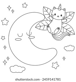 HD printable caticorn and cat unicorn or anime cat coloring pages for children kids and adults. Children coloring pages, caticorn coloring pages, learning for kids. Cat Vector
