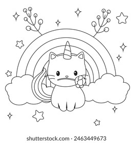 HD imprimible caticorn y gato unicornio o anime gato para colorear páginas para niños y adultos. Páginas para colorear para niños, páginas para colorear de caticorn, aprendizaje para niños. Vector de gato