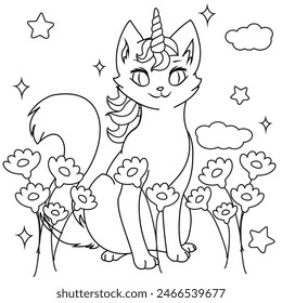 HD printable caticorn and cat unicorn or anime cat coloring pages for children kids and adults. Children coloring pages, caticorn coloring pages, learning for kids. Cat Vector
