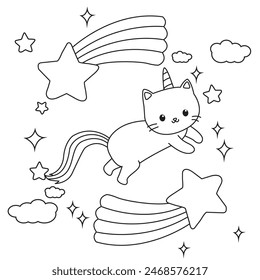 HD printable caticorn and cat unicorn or anime cat coloring pages for children kids and adults. Children coloring pages, caticorn coloring pages, learning for kids. Cat Vector
