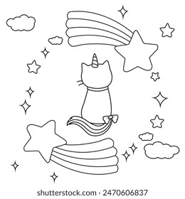 HD imprimible caticorn y gato unicornio o anime gato para colorear páginas para niños y adultos. Páginas para colorear para niños, páginas para colorear de caticorn, aprendizaje para niños. Vector de gato