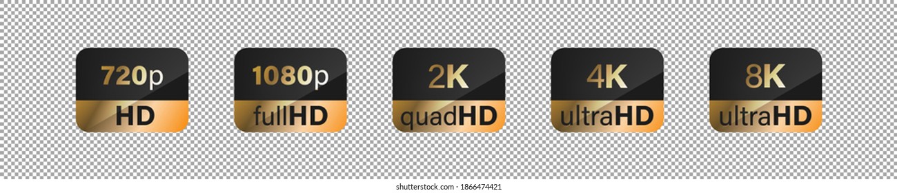 Hd screen definition golden label sticker vector collection. Full, quad, ultra, 4k, 2k, 8k emblem collection.