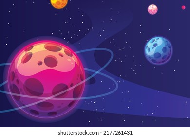 HD Space with planets. Universe HD background, Planets surface with craters, stars and comets in dark space. Vector illustration. Space sky with planet and satellite