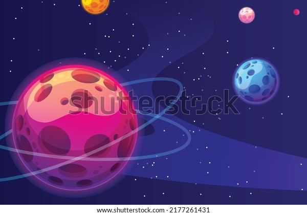 HD Space with planets.\
Universe HD background, Planets surface with craters, stars and\
comets in dark space. Vector illustration. Space sky with planet\
and satellite