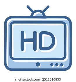 Hd diseño de icono de televisión. Ilustración de contorno azul y blanco de un televisor con HD escrito en la pantalla.