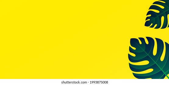 HD tropical background with clean yellow color and monstera green leaves. Vector illustration of summer background and can editable