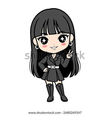 HD vector chibi K-pop girl idol with long straight black hair and bangs, chic black dress with silver belt, tall boots. Cute peace sign pose, kawaii cartoon style with big sparkling eyes.