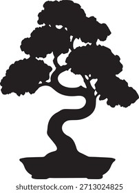 HD Vector silueta bonsái árbol en maceta poco profunda con ramas retorcidas y follaje denso sobre fondo transparente