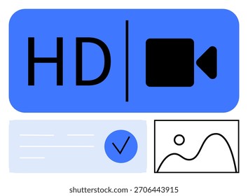 HD-Videosymbol neben dem Häkchen-, Text- und Bildplatzhalter. Ideal für Videoproduktion, Multimedia-Projekte, Streaming-Dienste, digitale Inhalte, Grafikdesign-Zertifizierungsthemen. Linienmetapher