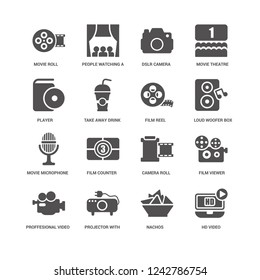 HD Video, Take Away Drink, Movie roll, People Watching a Movie, Film viewer, Camera Roll, counter, Nachos icon 16 set EPS 10 vector format. Icons optimized for both large and small resolutions.
