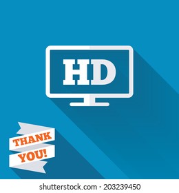 HD widescreen tv sign icon. High-definition symbol. White flat icon with long shadow. Paper ribbon label with Thank you text. Vector