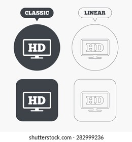 HD widescreen tv sign icon. High-definition symbol. Classic and line web buttons. Circles and squares. Vector