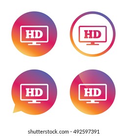 HD widescreen tv sign icon. High-definition symbol. Gradient buttons with flat icon. Speech bubble sign. Vector