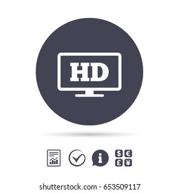 HD widescreen tv sign icon. High-definition symbol. Report document, information and check tick icons. Currency exchange. Vector