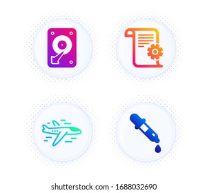 Hdd, Airplane and Technical documentation icons simple set. Button with halftone dots. Chemistry pipette sign. Hard disk, Plane, Manual. Laboratory. Technology set. Gradient flat hdd icon. Vector