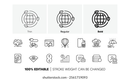 Hdd, Building and Co2 gas line icons. Pack of Electric bike, Air balloon, Phone calculator icon. Graph chart, Seo marketing, Video conference pictogram. Eco energy, Recovery server. Line icons. Vector