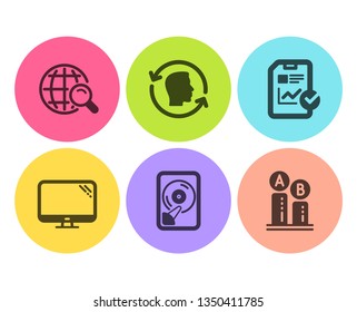 Hdd, Computer and Internet search icons simple set. Face id, Report checklist and Ab testing signs. Memory disk, Pc component. Science set. Flat hdd icon. Circle button. Vector