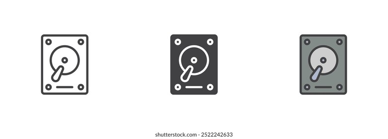 HDD conjunto de iconos de estilo diferente. Línea, glifo y contorno relleno versión colorida, contorno y signo de Vector relleno. Símbolo del disco duro, ilustración del logotipo. Gráficos de Vector