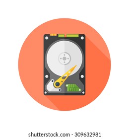 Hdd disk flat design style isolated vector round icon with long shadow on white background