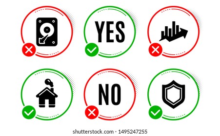 Hdd, Home and Growth chart icons simple set. Yes no check box. Security sign. Hard disk, House building, Sale diagram. Protection shield. Business set. Hdd icon. Check mark. Vector