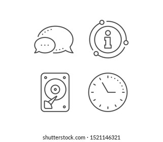HDD icon. Chat bubble, info sign elements. Hard disk storage sign. Hard drive memory symbol. Linear hDD outline icon. Information bubble. Vector