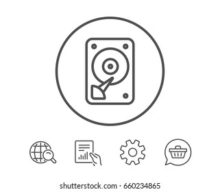 HDD icon. Hard disk storage sign. Hard drive memory symbol. Hold Report, Service and Global search line signs. Shopping cart icon. Editable stroke. Vector