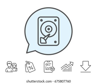 HDD icon. Hard disk storage sign. Hard drive memory symbol. Report, Sale Coupons and Chart line signs. Download, Group icons. Editable stroke. Vector
