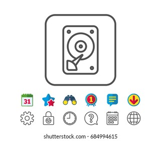 HDD icon. Hard disk storage sign. Hard drive memory symbol. Calendar, Globe and Chat line signs. Binoculars, Award and Download icons. Editable stroke. Vector