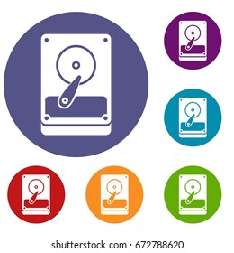 HDD icons set in flat circle reb, blue and green color for web