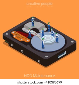 HDD Maintenance process. 3d isometric style technology computer hardware concept vector illustration. Micro cartoon men on big hard disk drive open cover. 