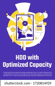 HDD with optimized capacity poster flat silhouette vector template. Data storage hardware brochure, booklet one page concept design with cartoon characters. Hard drive flyer, leaflet with text space