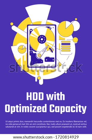 HDD with optimized capacity poster flat silhouette vector template. Data storage hardware brochure, booklet one page concept design with cartoon characters. Hard drive flyer, leaflet with text space